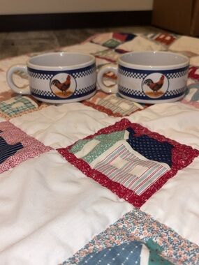 Rooster Ceramic Soup Mugs - Set of 2, Blue and White